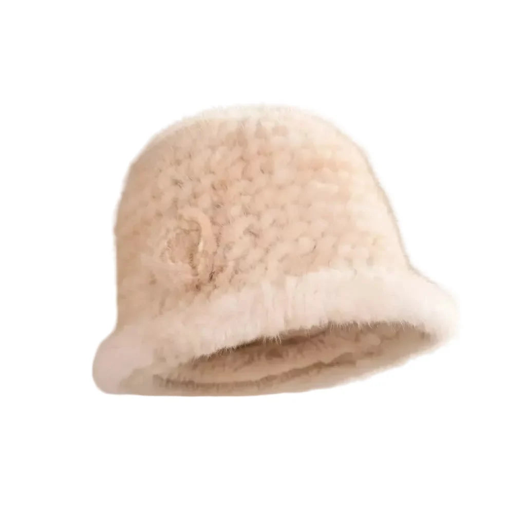 Winter Women Floral Natural Mink Fur Beanie Bucket Hat