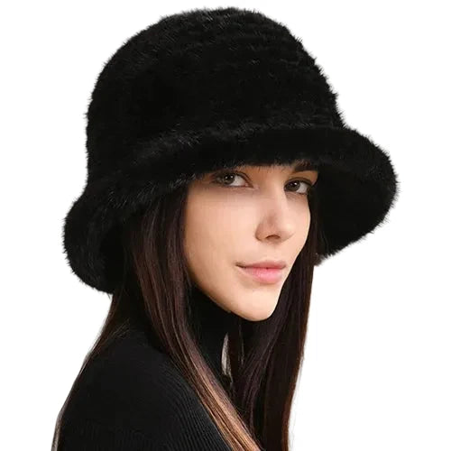 Winter Women Floral Natural Mink Fur Beanie Bucket Hat