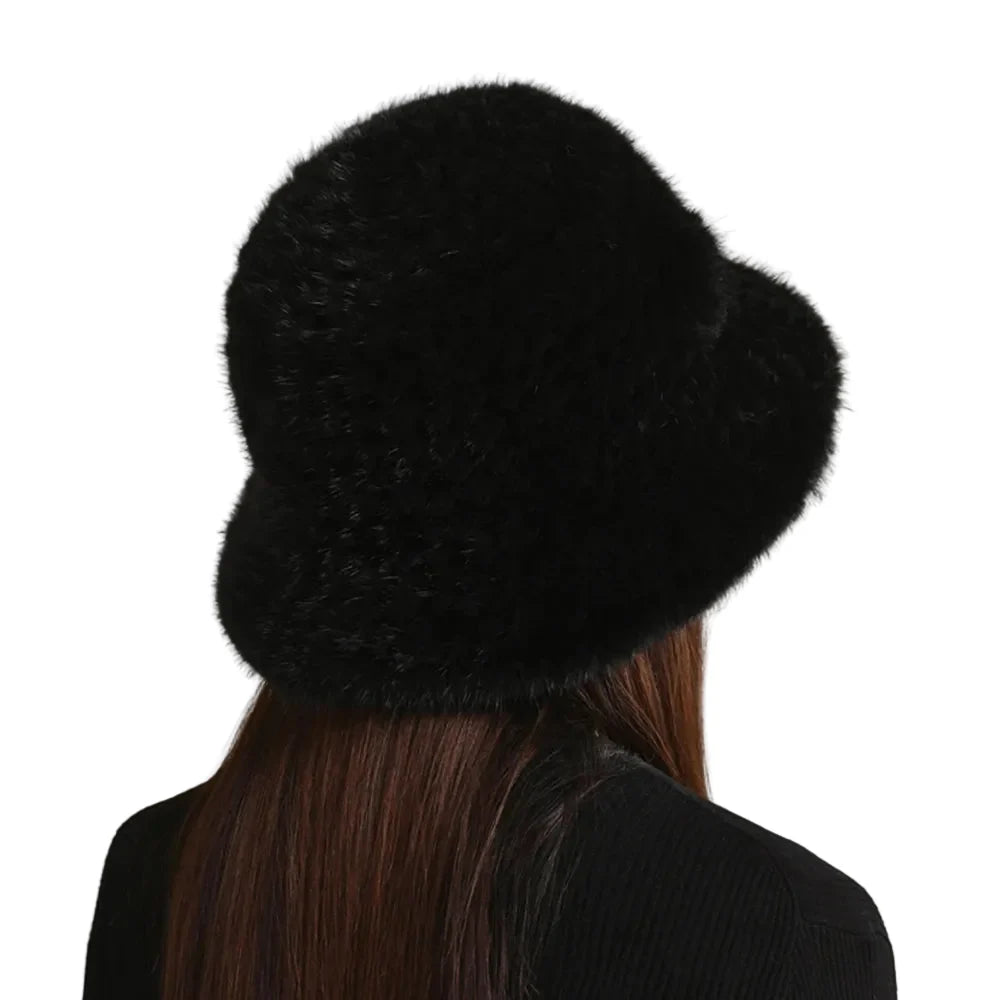 Winter Women Floral Natural Mink Fur Beanie Bucket Hat