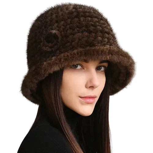 Winter Women Floral Natural Mink Fur Beanie Bucket Hat