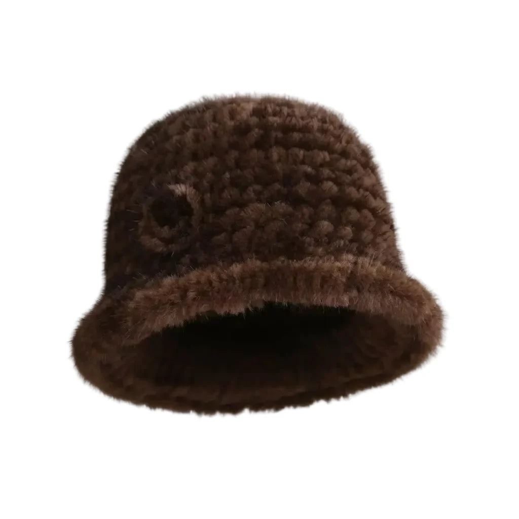 Winter Women Floral Natural Mink Fur Beanie Bucket Hat