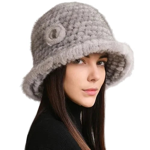 Winter Women Floral Natural Mink Fur Beanie Bucket Hat