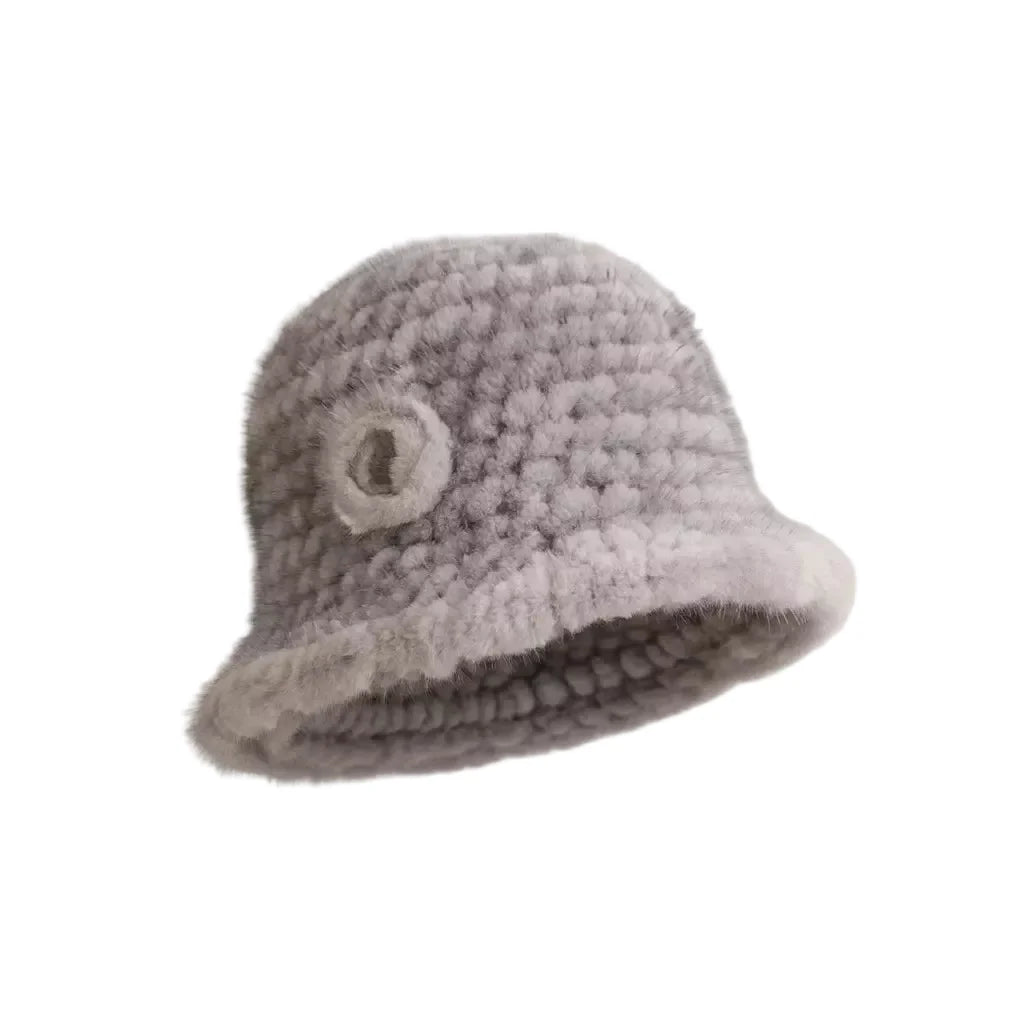Winter Women Floral Natural Mink Fur Beanie Bucket Hat