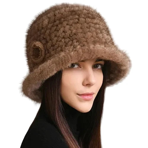Winter Women Floral Natural Mink Fur Beanie Bucket Hat