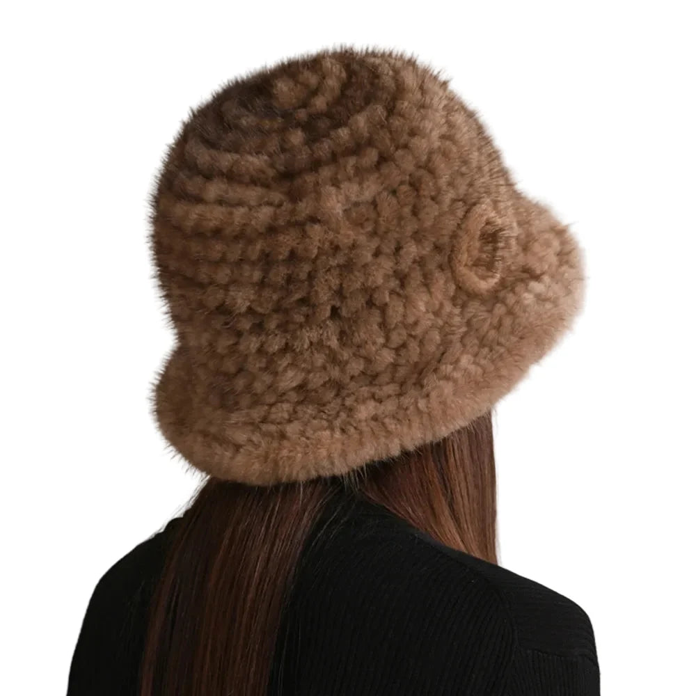 Winter Women Floral Natural Mink Fur Beanie Bucket Hat