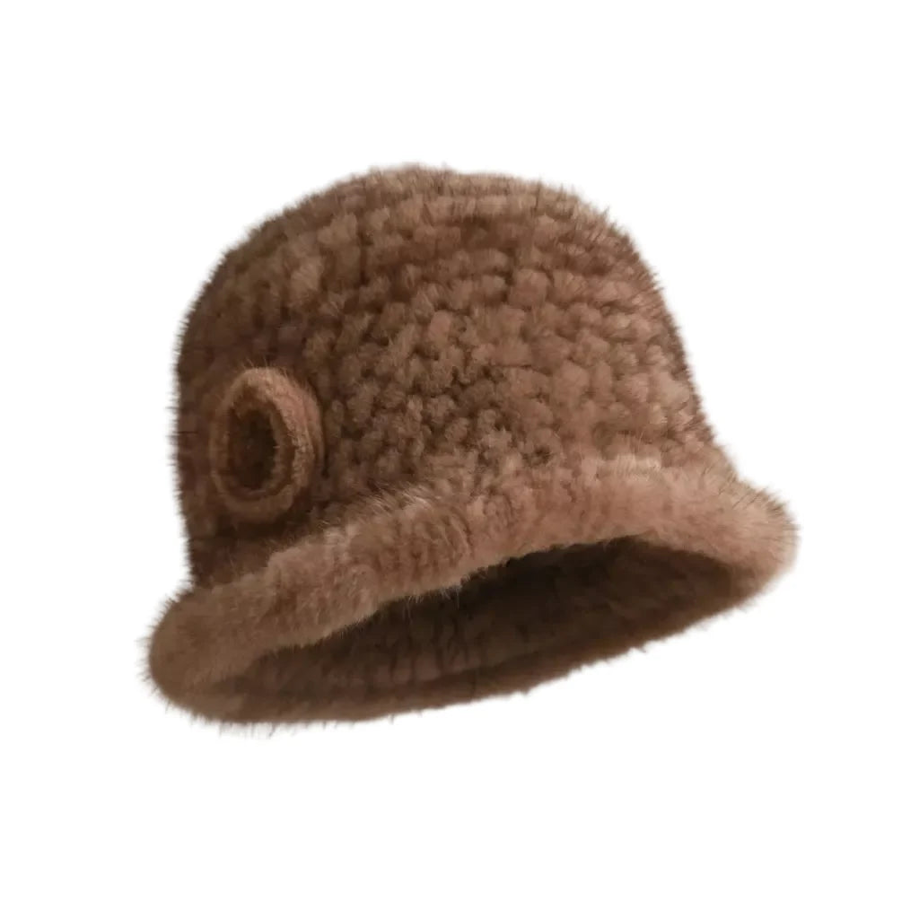 Winter Women Floral Natural Mink Fur Beanie Bucket Hat