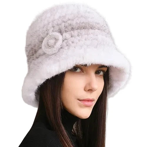Winter Women Floral Natural Mink Fur Beanie Bucket Hat