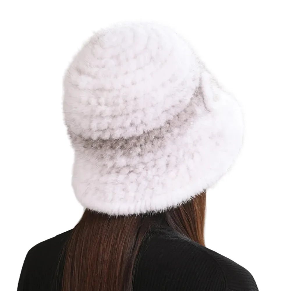 Winter Women Floral Natural Mink Fur Beanie Bucket Hat