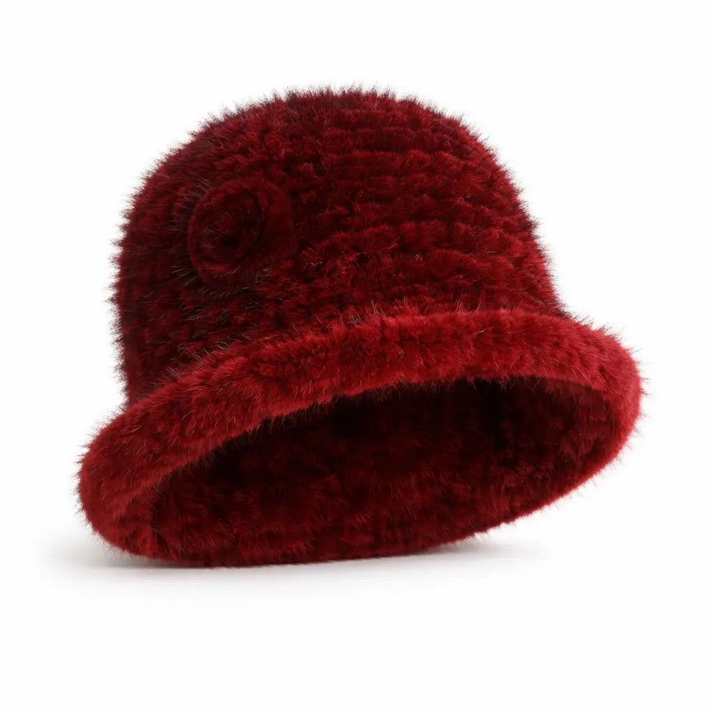 Winter Women Floral Natural Mink Fur Beanie Bucket Hat